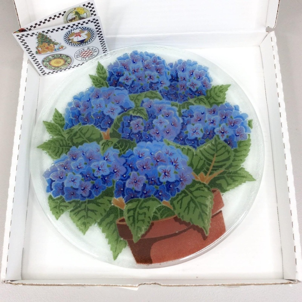 NIB Peggy Karr Fused Glass 11" Plate Large Blue Hydrangea Round